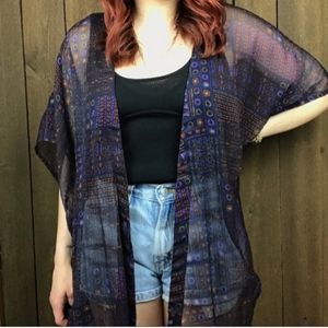 Sun & Shadow Purple Pattern Crinkle Sheer Kimono